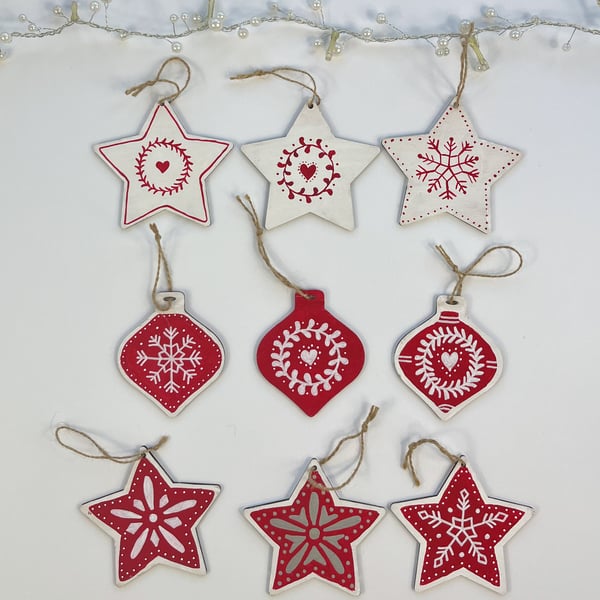 Handpainted Rustic Set of 3 Christmas Tree Decorations, Eco Friendly 