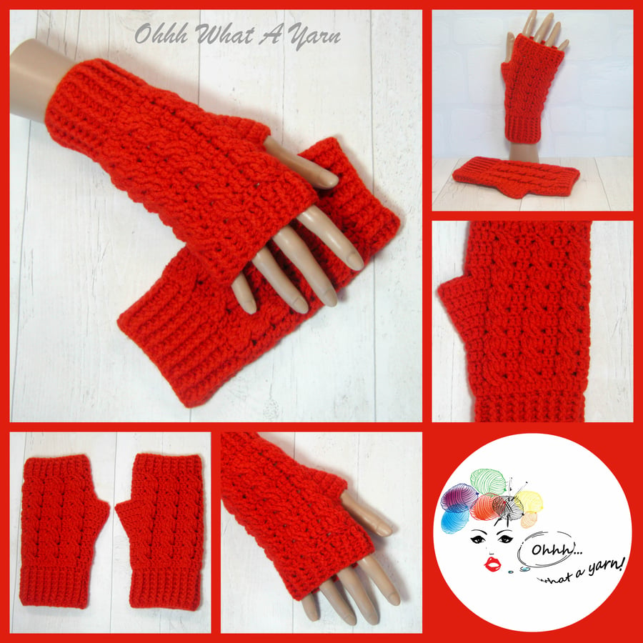 Orange cable ladies crochet gloves, finger less gloves. Texting mitts.
