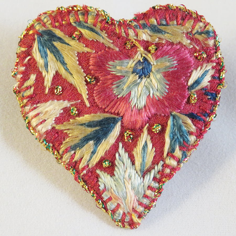 Heart Brooch - antique embroidery on red wool