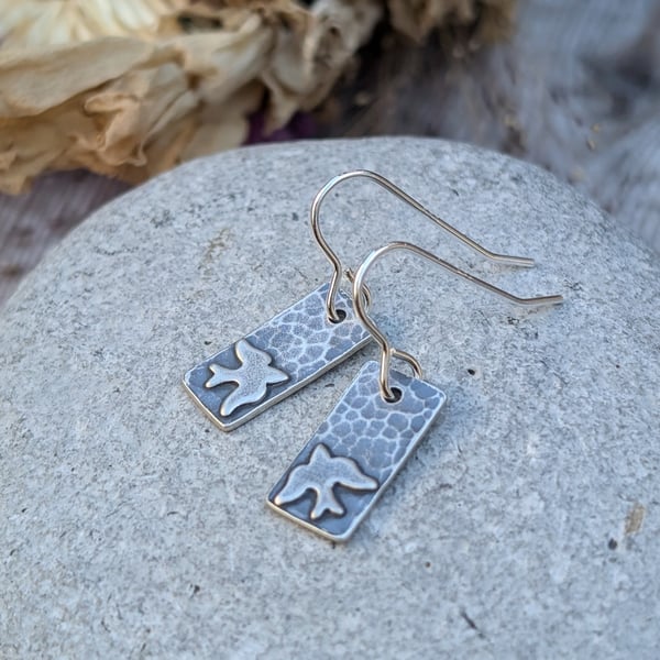 Silver Bird Earrings with Hammered Oxidised Finish