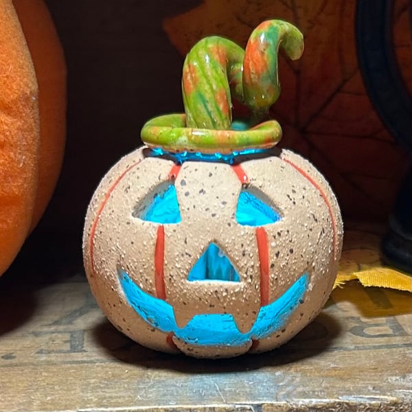 Ceramic pumpkin light up decoration carved face Jack o lantern no10