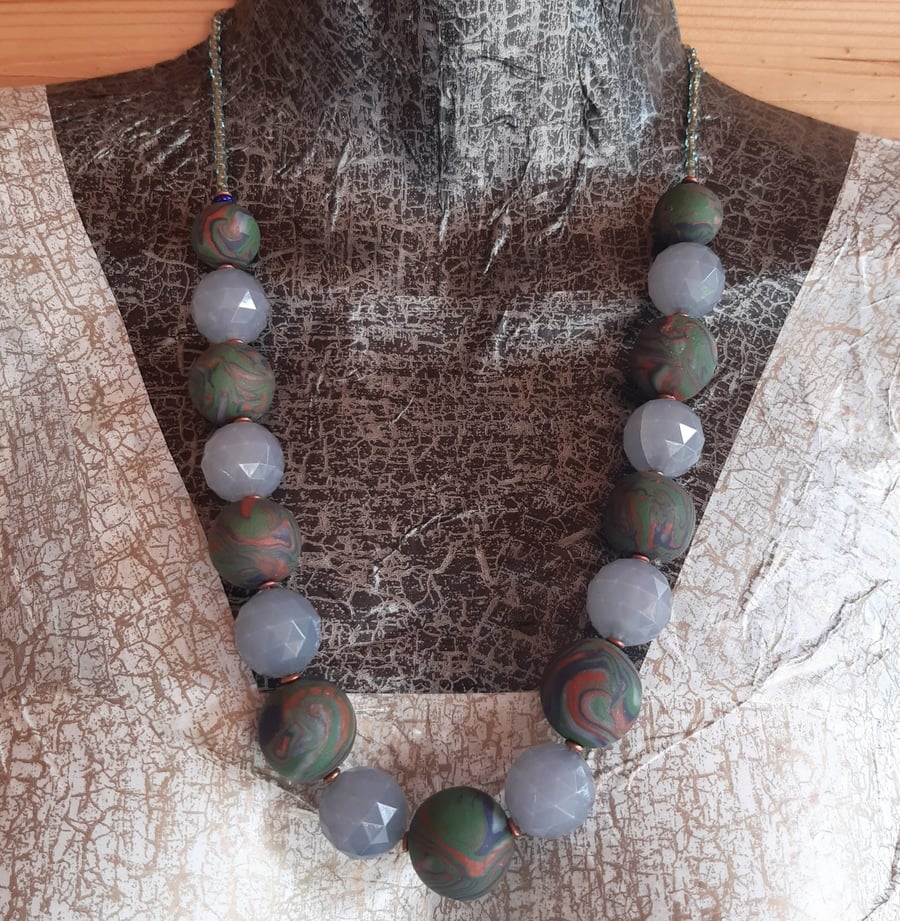 Navy, sage, sienna polymer clay necklace