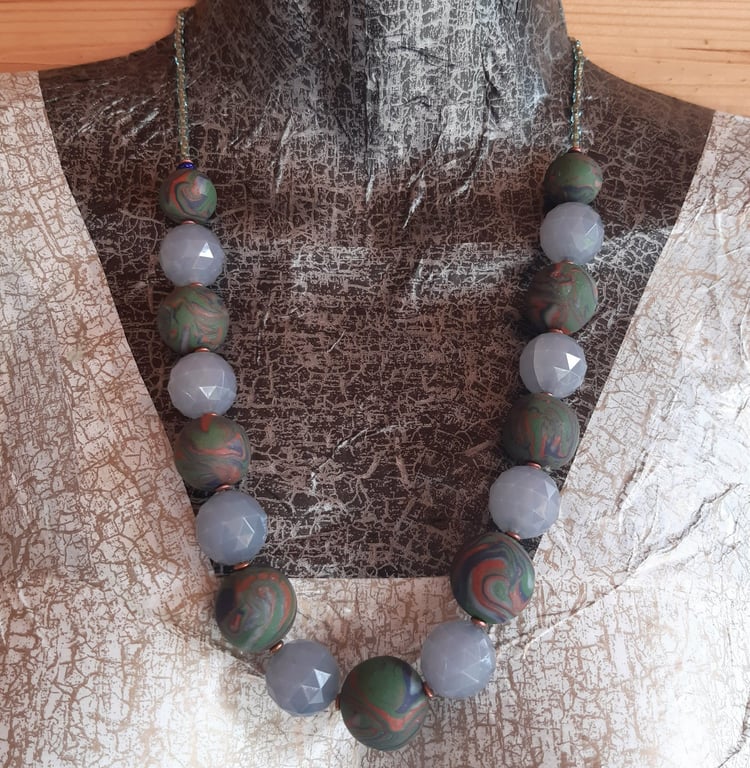 Navy, sage, sienna polymer clay necklace