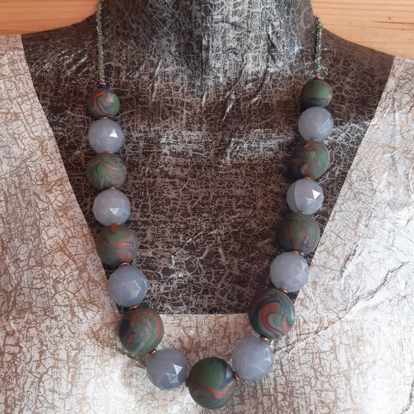 Navy, sage, sienna polymer clay necklace