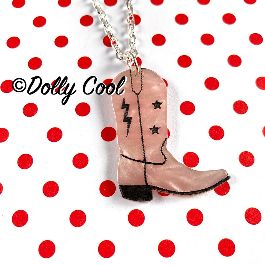 Cowboy Boot Necklace in Pink Marbled Acrylic. Star and Lightning Bolt Detail