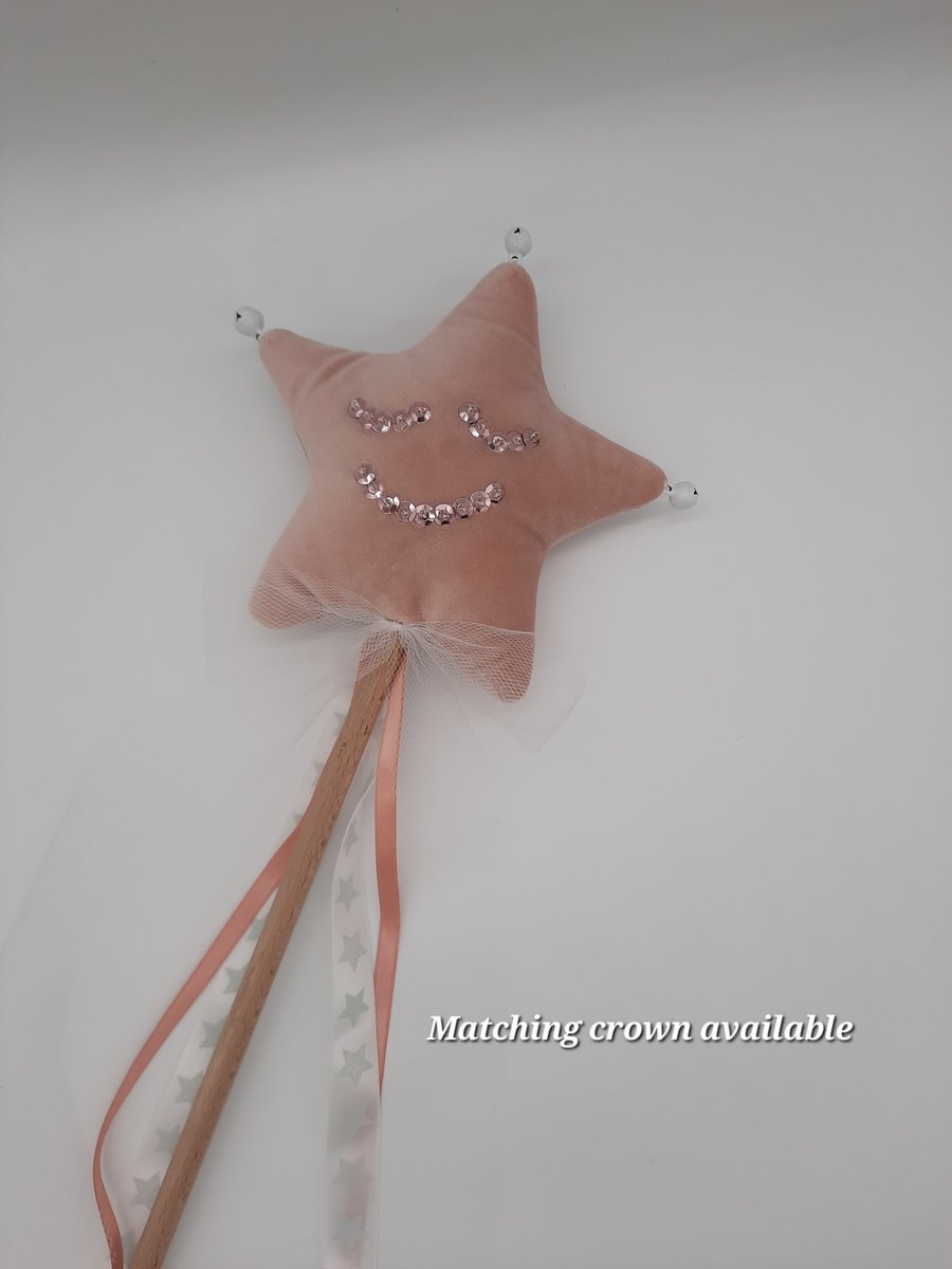 Fairy Wand - light pink velvet star with white bells. 