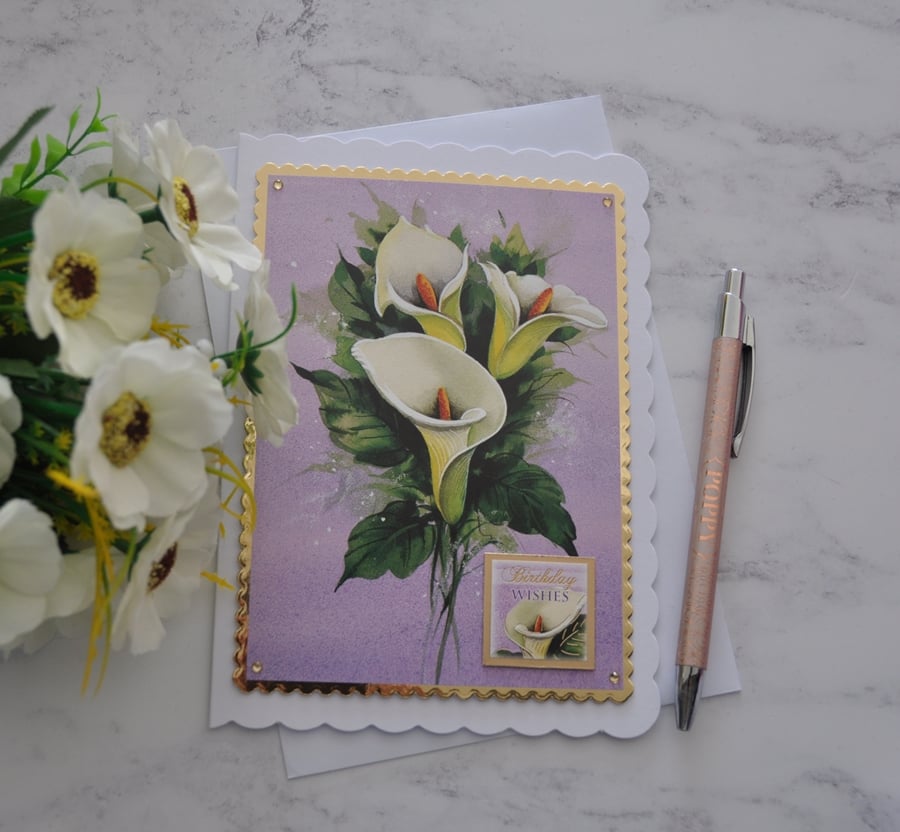 White Lilies Birthday Card Birthday Wishes Gold Card 3D Luxury Handmade Card