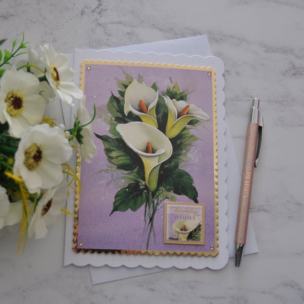 White Lilies Birthday Card Birthday Wishes Gold Card 3D Luxury Handmade Card
