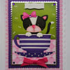 Happy Birthday Card Cute Black and White Cat In A Tea Cup 3D Luxury Handmade