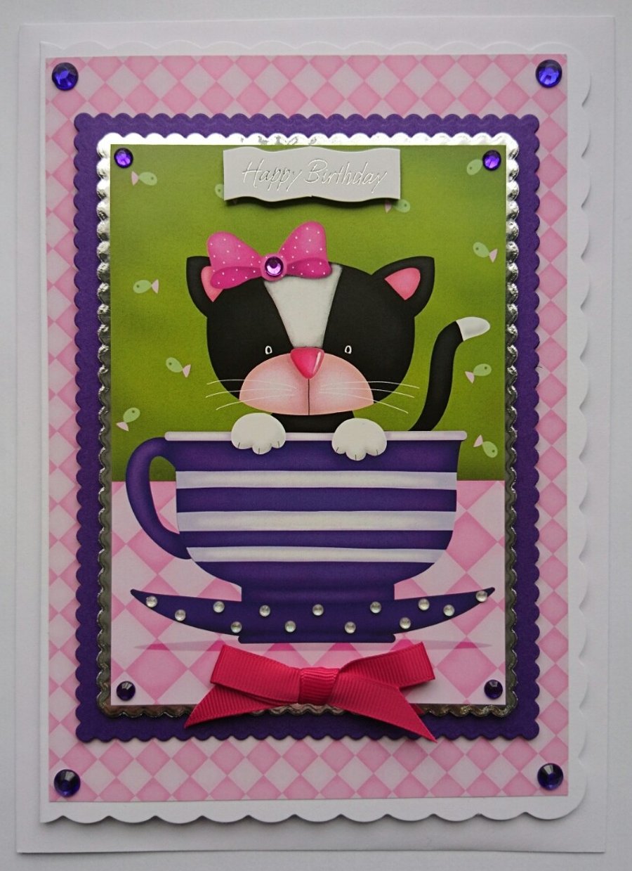 Happy Birthday Card Cute Black and White Cat In A Tea Cup 3D Luxury Handmade