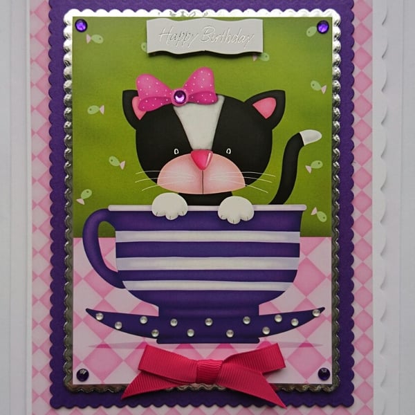 Happy Birthday Card Cute Black and White Cat In A Tea Cup 3D Luxury Handmade