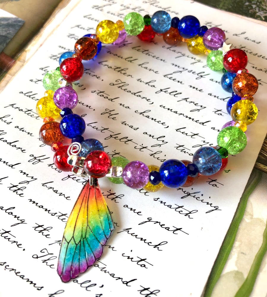 Rainbow Star Fairy Wing Crackle Beaded Bracelet