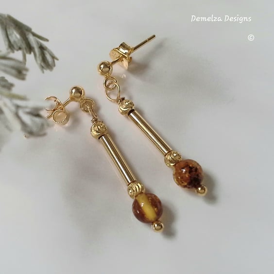 Designer Baltic Amber Drop Stud Yellow Gold Vermeil Earrings 