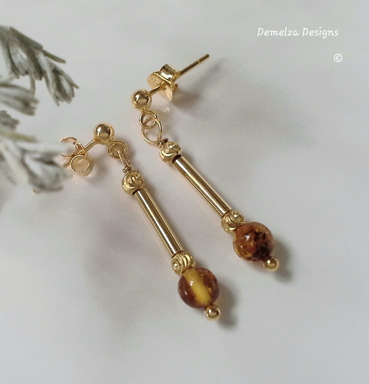 Designer Baltic Amber Drop Stud Yellow Gold Vermeil Earrings 