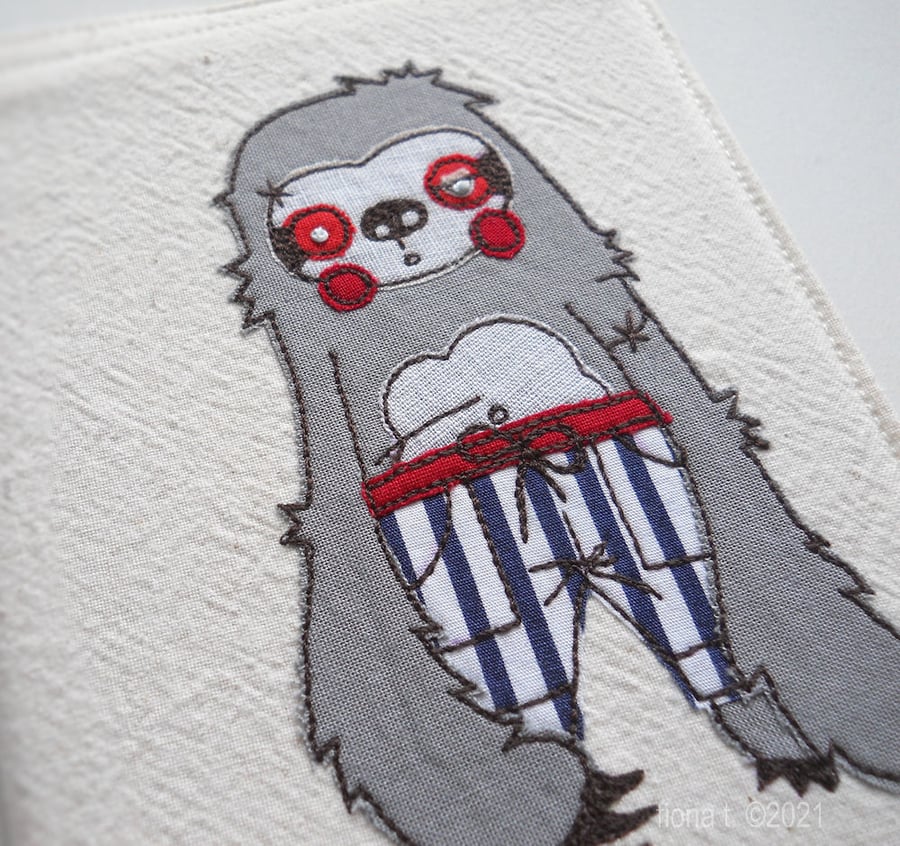freehand embroidered zombie sloth navy pyjamas - A6 sketchbook notebook cover 