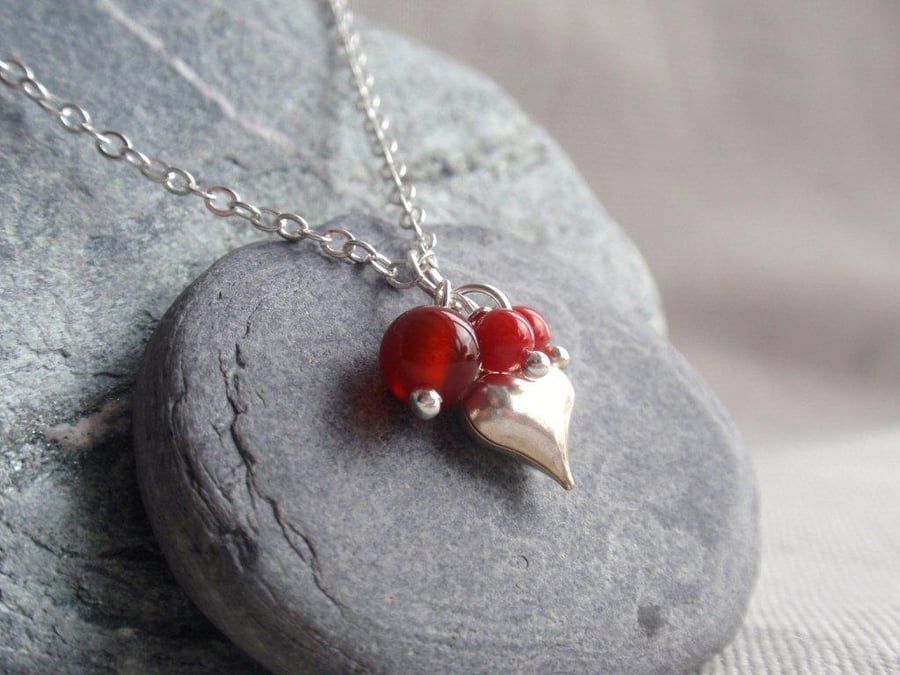 Silver heart necklace with red carnelian 