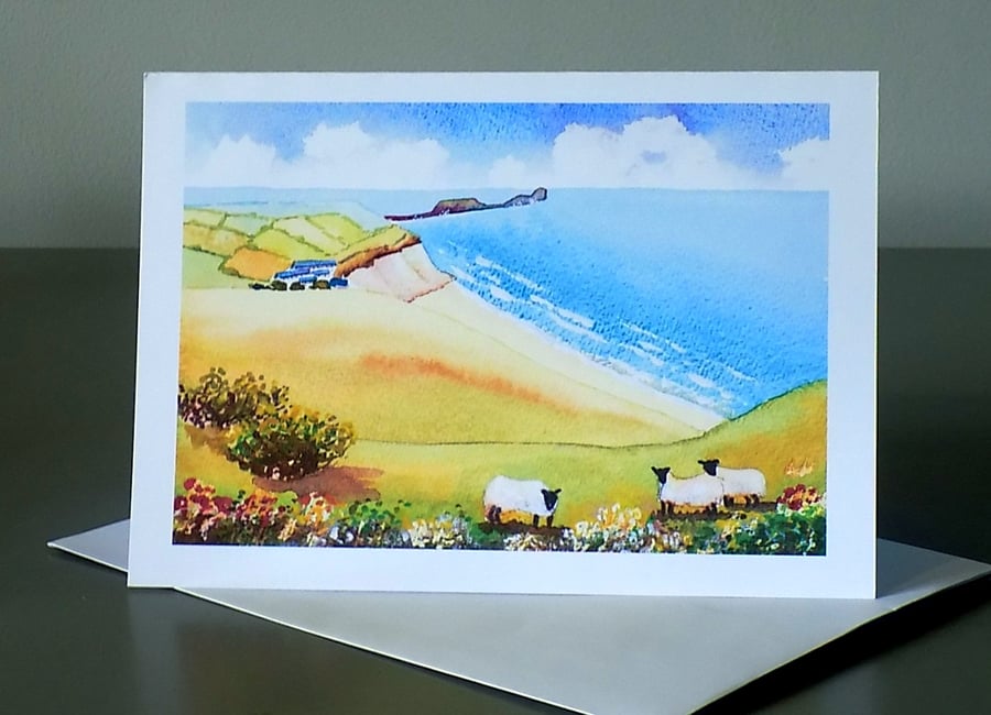Rhossili Bay, Gower, Sheep, Size A5, Blank inside for your own message.