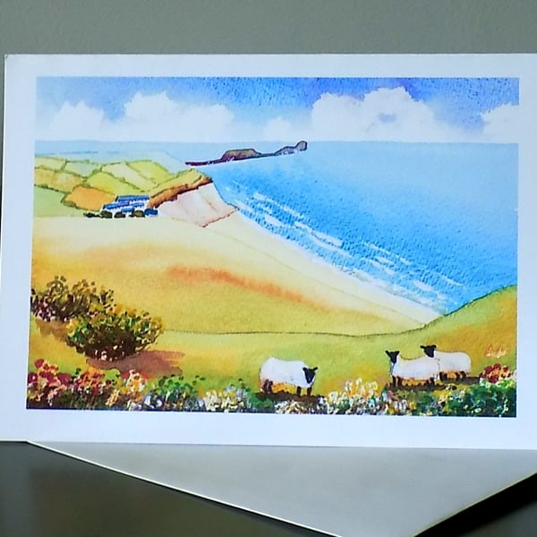 Rhossili Bay, Gower, Sheep, Size A5, Blank inside for your own message.