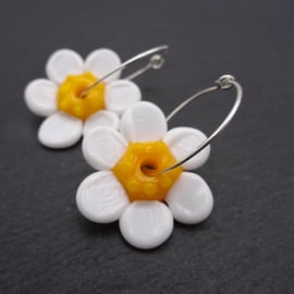 sterling silver hoop earrings, lampwork glass daisy 