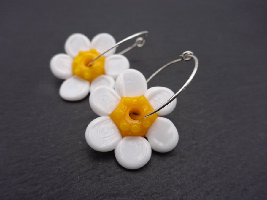 sterling silver hoop earrings, lampwork glass daisy 