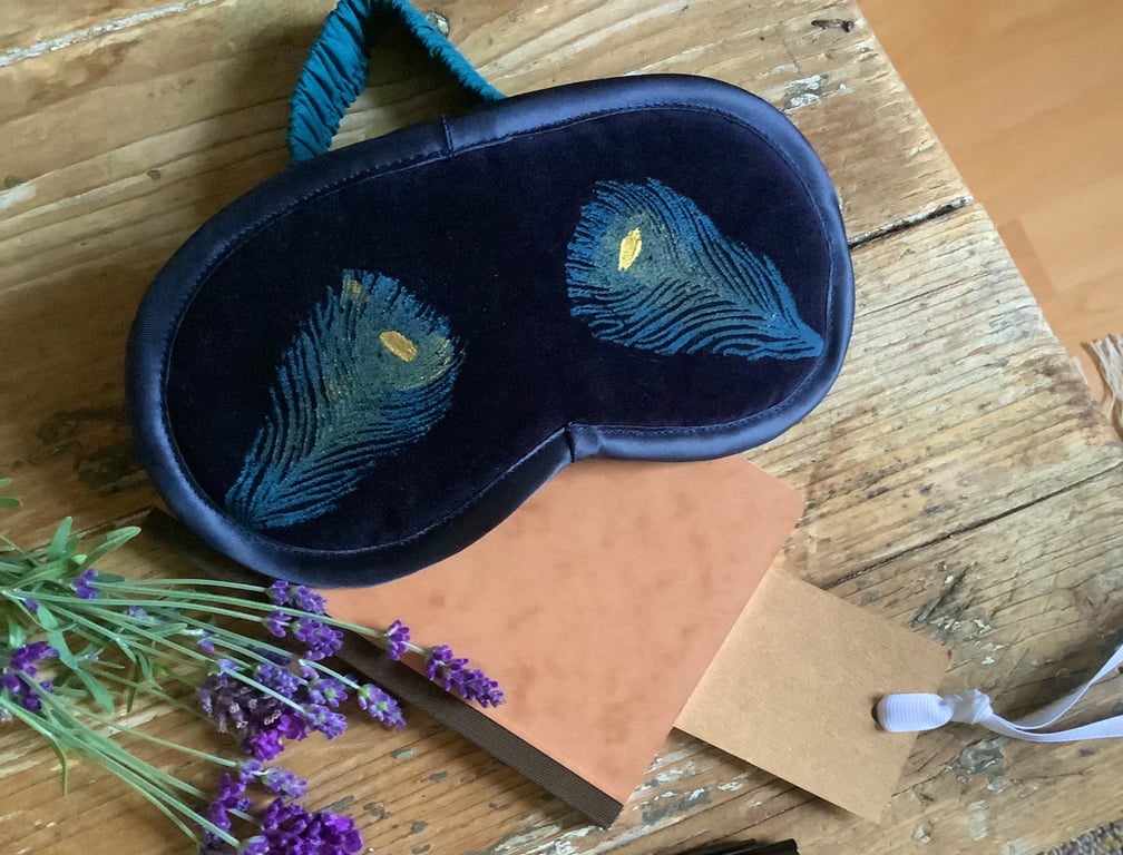 Peacock Lavender Eye Mask, Hand Printed Sleep Mask,  Blue Relaxation Mask