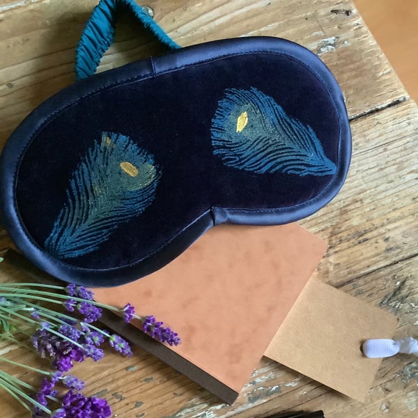 Peacock Lavender Eye Mask, Hand Printed Sleep Mask,  Blue Relaxation Mask