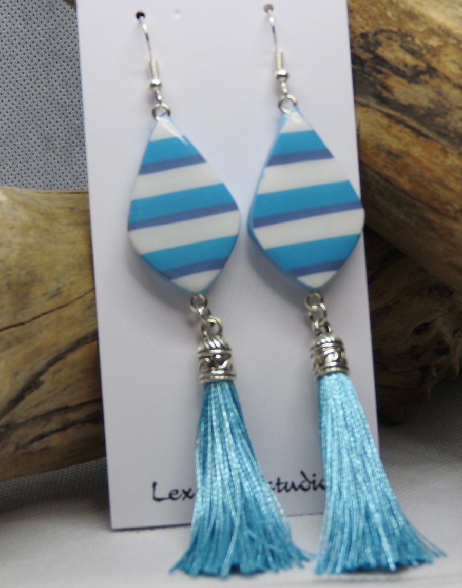 Light blue  striped dangle  ceramic earrings 