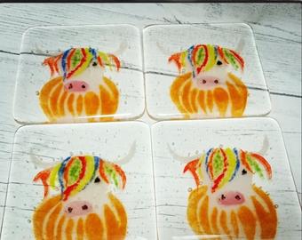Fused Glass Highland Cow Coaster, Rainbow Hair, handmade,