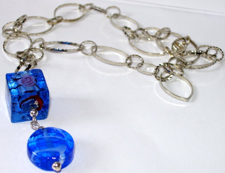Funky chain and blue pendant necklace
