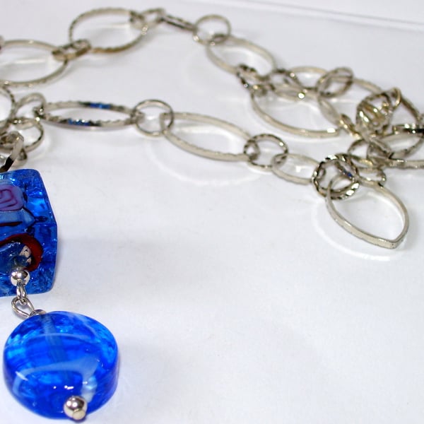 Funky chain and blue pendant necklace