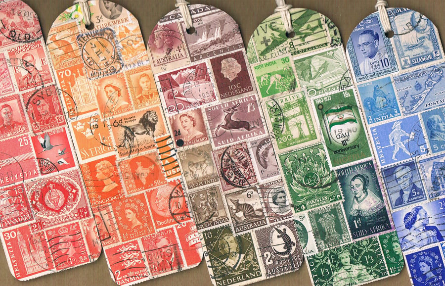 Custom Colour Bookmark - Upcycled Postage Stamp Collage, Made to Order Mail Art