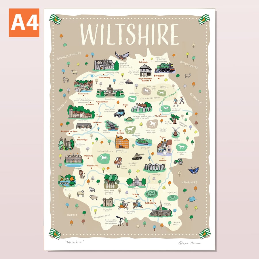 Wiltshire illustrated map poster A4