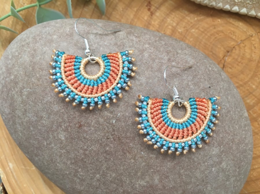 Earrings, Pretty fan design micro macrame boho beaded earrings
