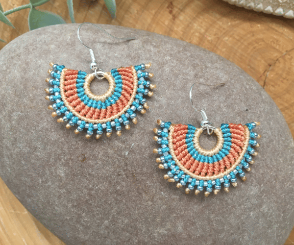 Earrings, Pretty fan design micro macrame boho beaded earrings