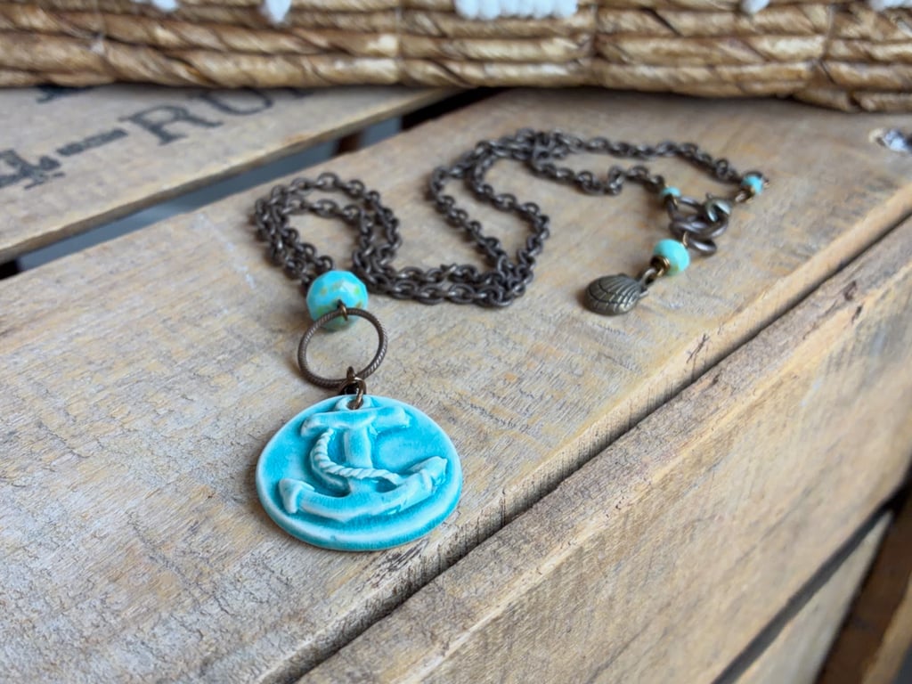 Handmade Ceramic Anchor Necklace. Nautical Style Pendant with Brass Chain