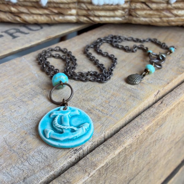 Handmade Ceramic Anchor Necklace. Nautical Style Pendant with Brass Chain