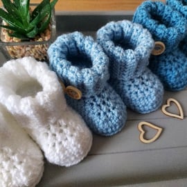 Blue Baby Crochet Booties Sizes Newborn 0-3 and 3-6 Months, White New Baby Gift 