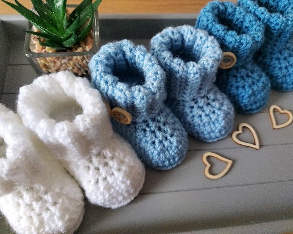 Blue Baby Crochet Booties Sizes Newborn 0-3 and 3-6 Months, White New Baby Gift 