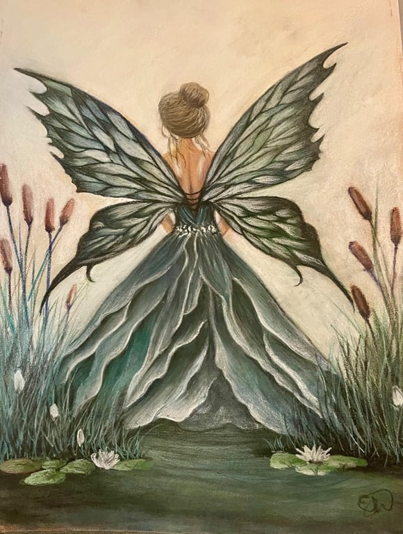Original A2 Pastel Drawing – Dragonfly Fairy Stillwater Nature Wall Art