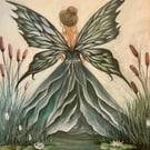 Original A2 Pastel Drawing – Dragonfly Fairy Stillwater Nature Wall Art
