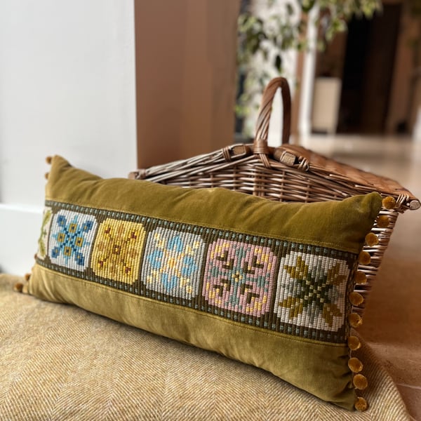Needlepoint and velvet cushion cover with pompom trim