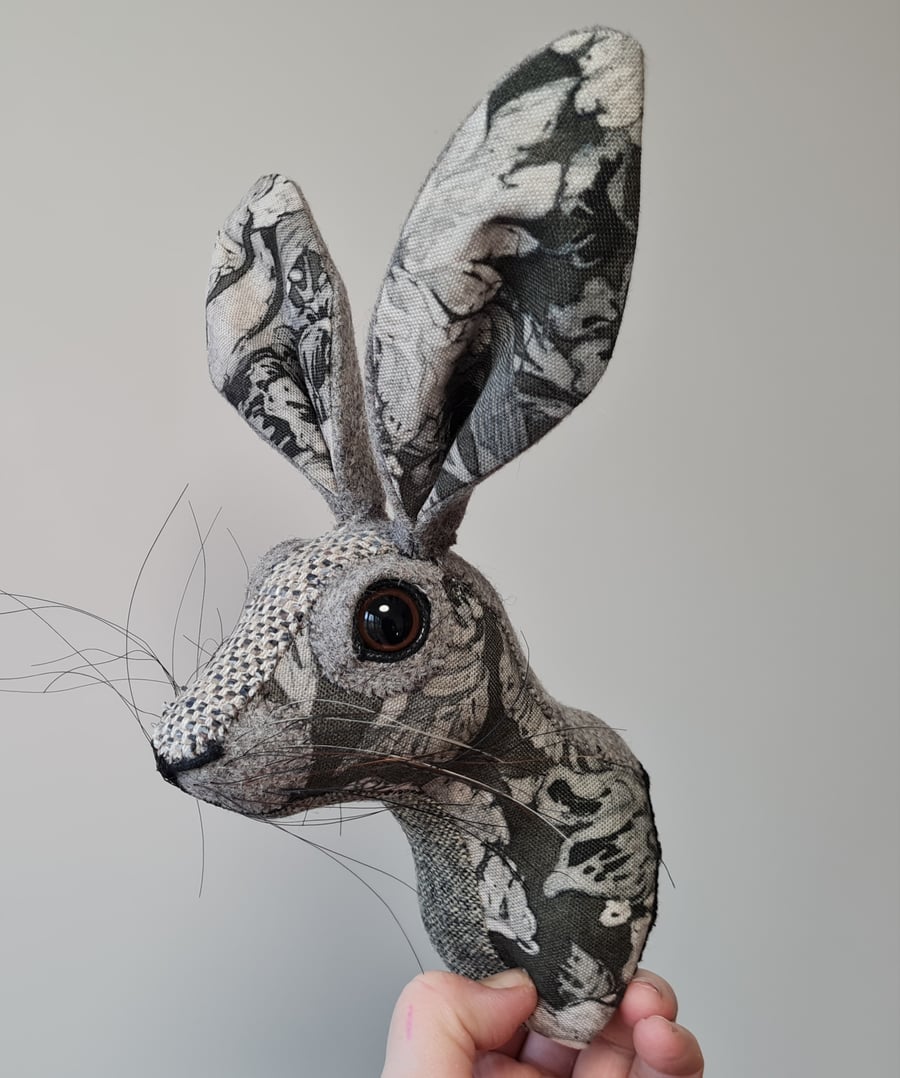 Faux hare head wall mount in grey floral Sanderson  fabric