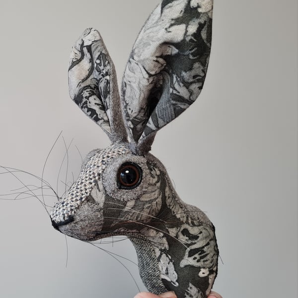 Faux hare head wall mount in grey floral Sanderson  fabric