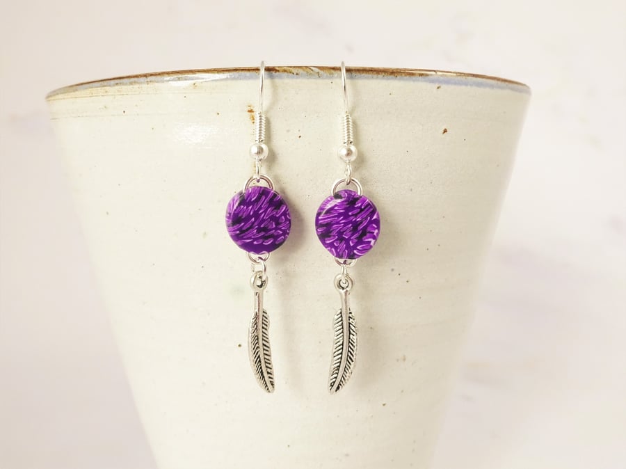 Purple Drop Earrings, Feather Charm Earrings, Long Earrings, Silver Plated 