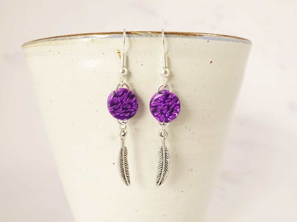 Purple Drop Earrings, Feather Charm Earrings, Long Earrings, Silver Plated 