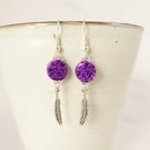 Purple Drop Earrings, Feather Charm Earrings, Long Earrings, Silver Plated 
