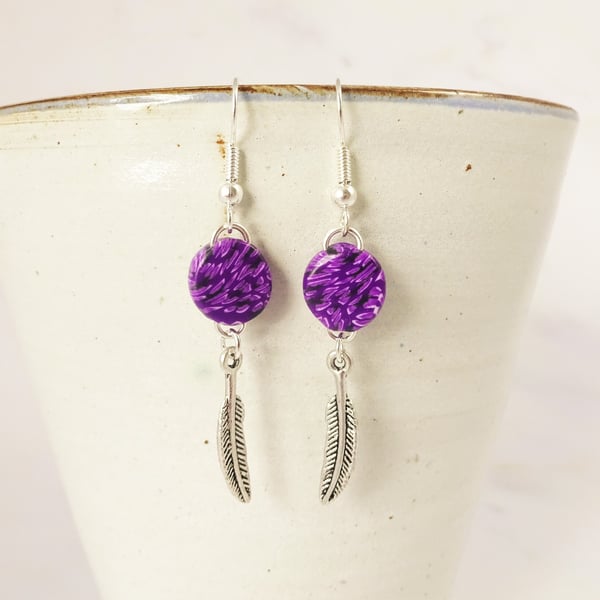 Purple Drop Earrings, Feather Charm Earrings, Long Earrings, Silver Plated 