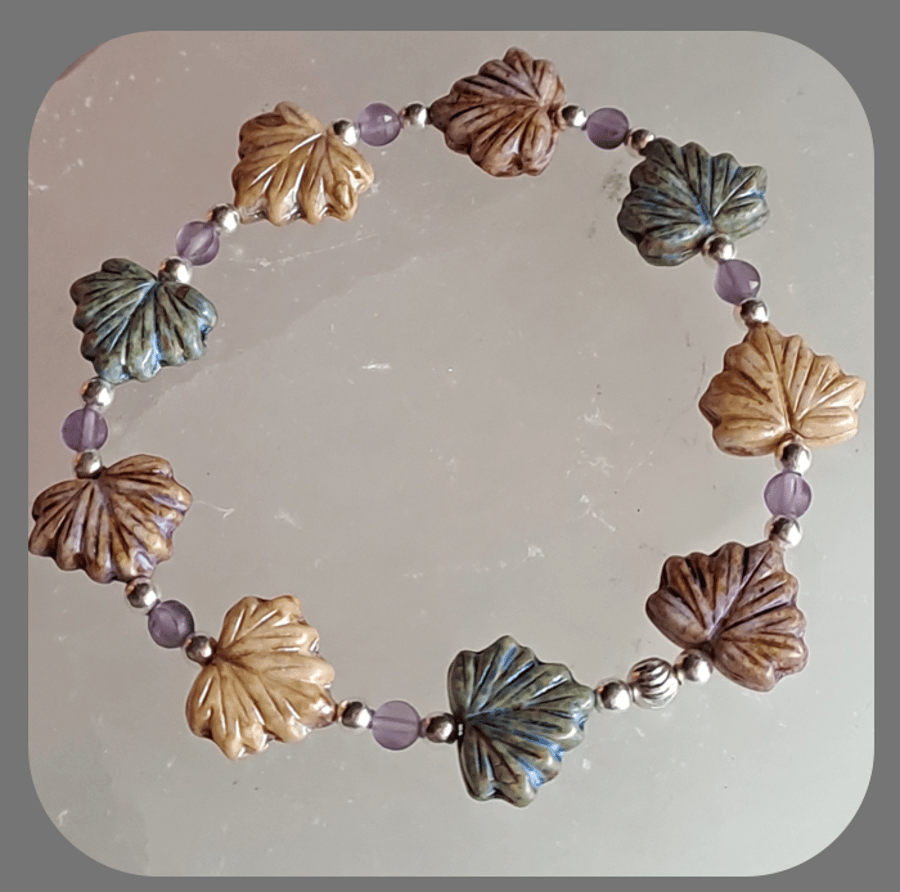  Czech glass, Amethyst and Sterling Silver Leaf bracelet