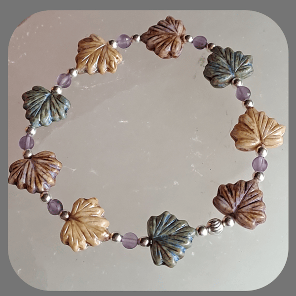  Czech glass, Amethyst and Sterling Silver Leaf bracelet