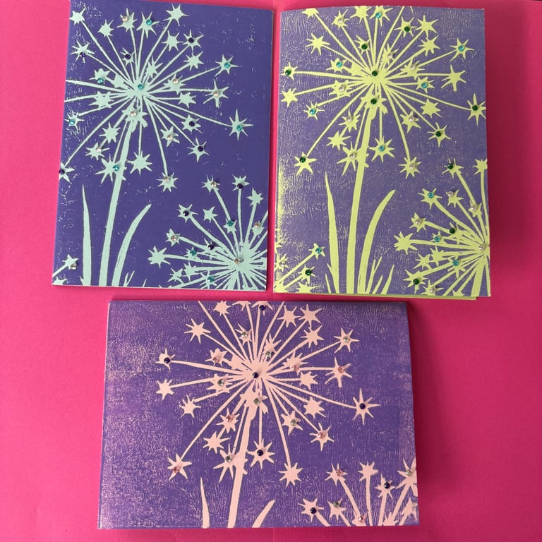 Set of 3 Handmade Allium Linocut Cards - Gem Embellished Botanical Original Art 
